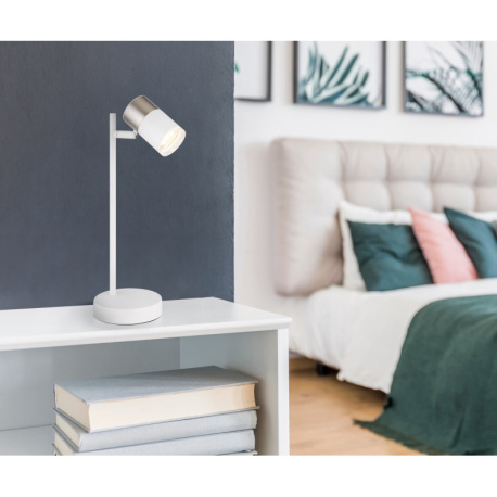 Stolové svietidlo, kov biely, hliník nikel, hliník biely, plast priehľadný, kábel PVC biely, kolísko 9