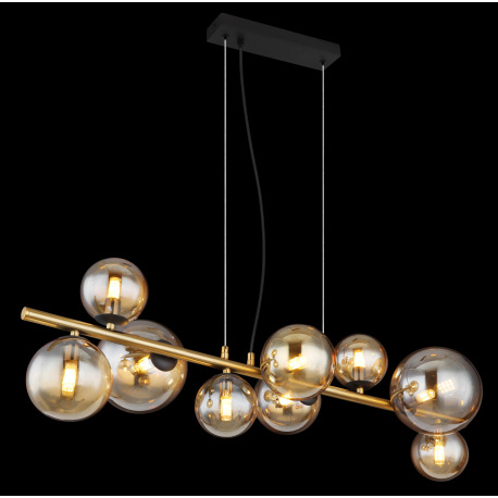 Závesné svietidlo, kov čierny, kov mosadz, sklo jantárové, DxŠxV:866x360x1200mm, vrátane 9x G9 LED 3 3