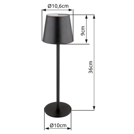 Nabíjateľná stolová lampa, kov čierny, plast čierny a biely, dotykové zapnutie/vypnutie, plynulá reg 12