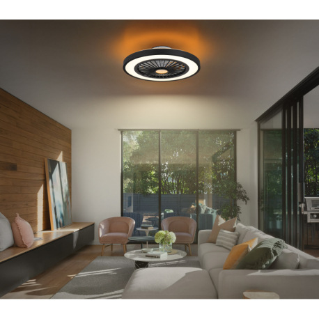 Stropný ventilátor, kov čierny, plast čierny/biely/priehľadný, stmievateľné, niekoľko úrovní pomocou 18