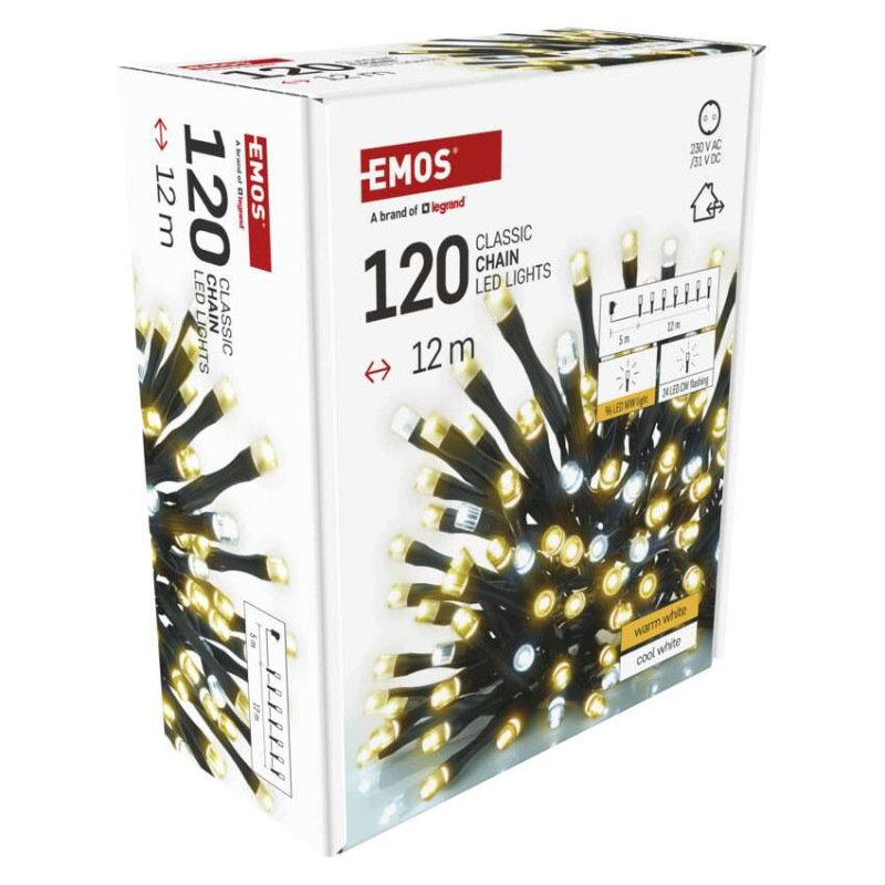 LED vianočná reťaz blikajúca, 12 m, vonkajšia aj vnútorná, teplá/studená biela, časovač 9