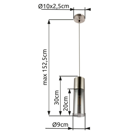 Závesné svietidlo, kov nikel matný, sklo dymové, čiernobiely textilný kábel, Ø90, V:1525, bez žiarov 8