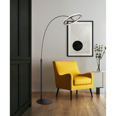 Stojacia lampa, kov čierny matný, hliník sivý tmavý, plast biely, plastové kryštály číre, dotykové z 1