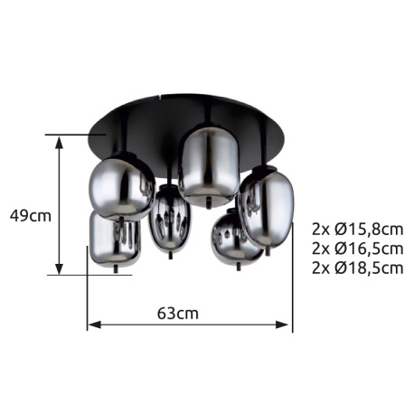Stropné svietidlo, kov čierny, dymové sklo, ø: 650mm, V:380mm, bez žiaroviek 6x E14, max. 40W 230V 5