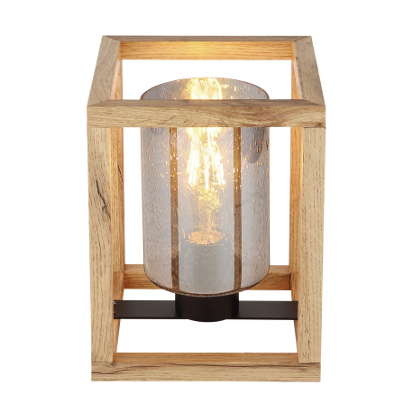 Stolová lampa, kov čierny, MDF hnedý, dymové sklo, sklo s bublinami, vypínač, DxŠxV:170x170x200, bez 13