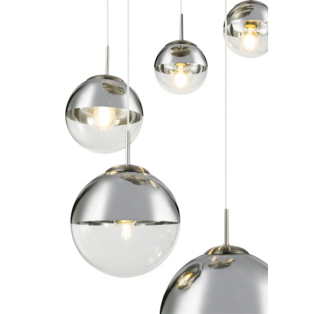 Závesné svietidlo, kov nikel matný, sklo priehľadné chróm, 5 gúľ s priemerom: 2x15-20-25-33 cm, Ø650 13