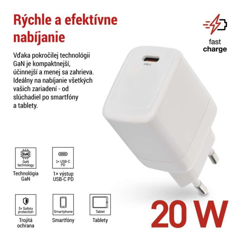 Univerzálny USB adaptér GaN do siete PD 20 W max. 1