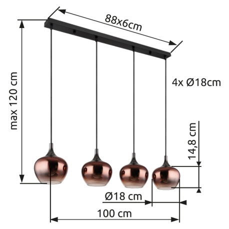 Závesné svietidlo, čierny matný kov, kov čierny chróm, sklo medenej farby, priehľadné, čierny textil 8