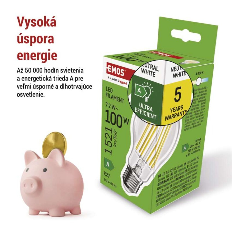 LED žiarovka Filament A60 A CLASS / E27 / 7,2 W (100 W) / 1521 lm / neutrálna biela 3