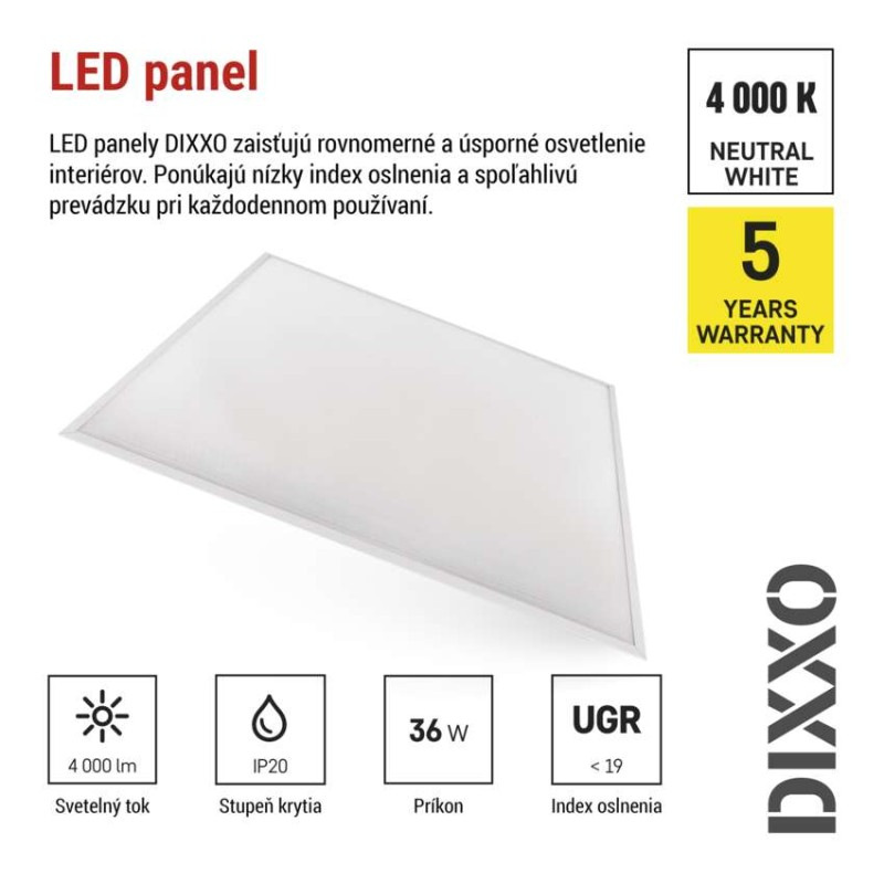 LED panel DIXXO backlit 60×60, štvorcový vstavaný biely, 36W neutrálna b. UGR 4