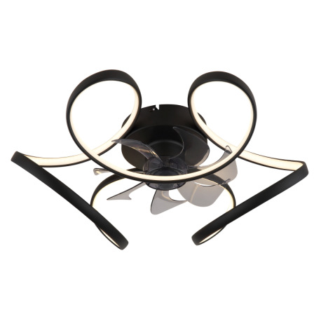 Stropný ventilátor, kov čierny matný, akryl biely, plast priehľadný, stmievateľný, niekoľko úrovní p