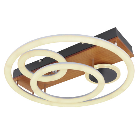 Stropné svietidlo, kov čierny, drevo hnedé, plast opál, stmievateľné, viackrokové ovládanie cez nást