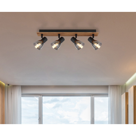 Stropné svietidlo, drevo hnedé, kov čierny, dymové sklo, DxŠxV:500x70x155mm, bez žiaroviek 4x E14, m 13