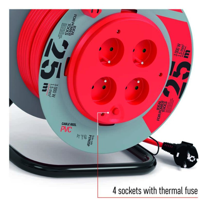 Predlžovací kábel na bubne 25 m / 4 zásuvky / červený / PVC / 230 V / 1,5 mm2 2