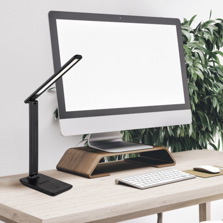 Stolové svietidlo, plast čierny a biely, imitácia kože čierna, dotykové zapínanie/vypínanie, plynulý 1