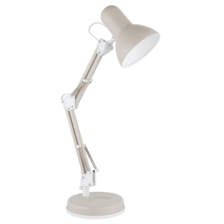 Stolová lampa, kov pieskovej farby, biely PVC kábel, kolískový vypínač na kábli, nastaviteľná, DxŠxV 11