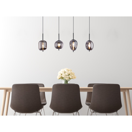 Závesné svietidlo, čierny kov, dymové sklo, 4 rôzne tvary skla, DxŠxV: 1000x185x1200, bez žiaroviek 1