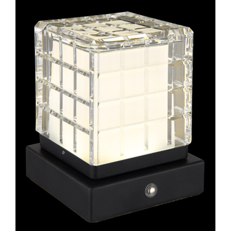 Nabíjateľná stolová lampa, kov čierny, akryl číry, satinovaný povrch, čierny PVC kábel, dotykové zap 5