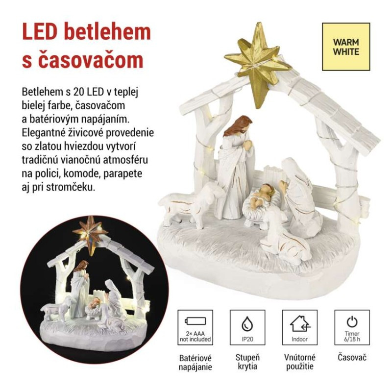 Vianočný betlehem s LED osvetlením, 16,5 cm, 2x AAA, do interiéru, teplá biela, časovač 3