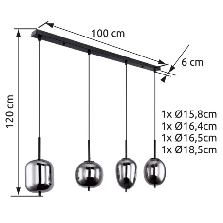 Závesné svietidlo, čierny kov, dymové sklo, 4 rôzne tvary skla, DxŠxV: 1000x185x1200, bez žiaroviek 12