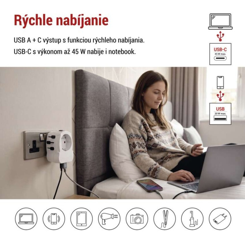 Cestovný univerzálny adaptér do zahraničia (USA, Ázia, Afrika), 1×USB-C, 1×USB-A 2