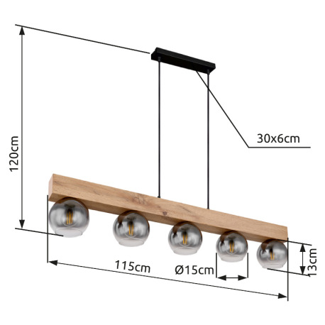 Závesné svietidlo kov čierny matný, MDF imitácia dreva, sklo dymové, číre, textilný kábel čierny, vý 8