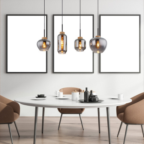 Závesné svietidlo kov čierny matný, sklo dymovej farby, konope prírodná farba, kábel PVC čierny, 4 r 6