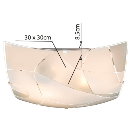 Stropné svietidlo, kov biely, chróm, satinované sklo, ozdobné linky, DxŠxV: 300x300x65, bez žiarovie 10