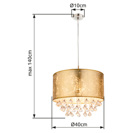 Závesné svietidlo, kov nikel matný, textil zlatý, akrylové krištále, ø 400, V:1400, bez žiarovky 1xE 10
