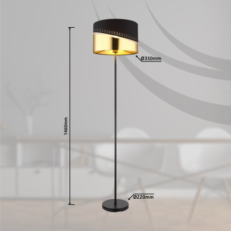 Stojanové svietidlo, kov čierny, textil čierny, plast zlatej farby, kábel PVC čierny, vyínač na kábl 11