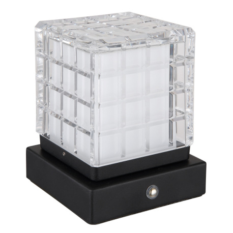 Nabíjateľná stolová lampa, kov čierny, akryl číry, satinovaný povrch, čierny PVC kábel, dotykové zap 6