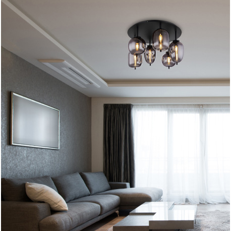 Stropné svietidlo, kov čierny, dymové sklo, ø: 650mm, V:380mm, bez žiaroviek 6x E14, max. 40W 230V 1