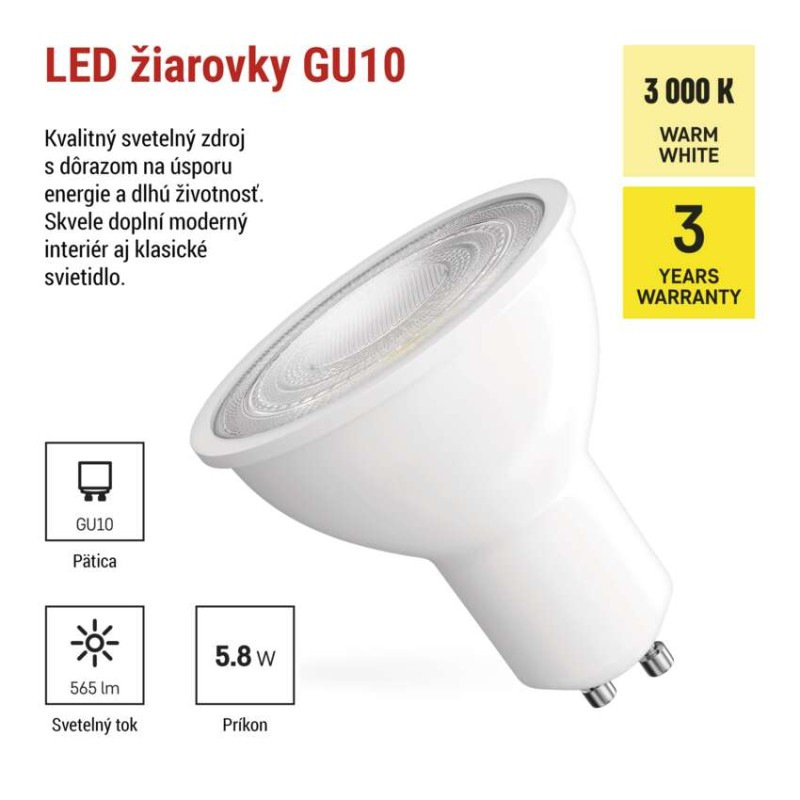 LED žiarovka Classic MR16 biela/ GU10 / 5,8 W (75 W) / 565 lm / Teplá biela 1