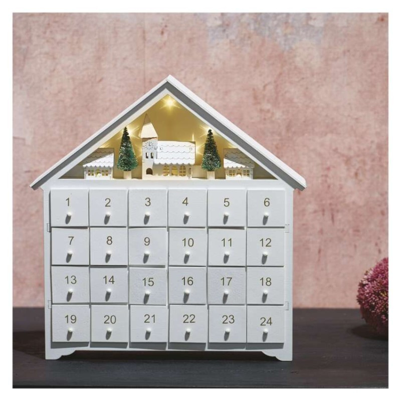 LED adventný kalendár drevený, 35x33 cm, 2x AA, vnútorný, teplá biela, časovač 3
