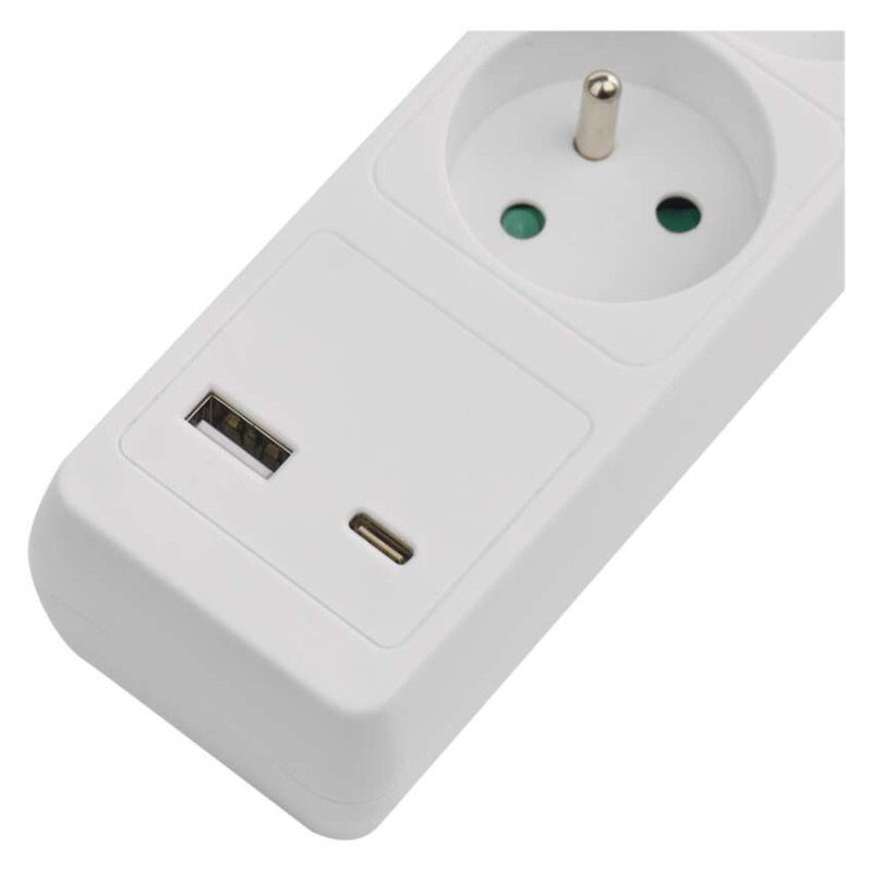 Predlžovací kábel 3 m / 5 zásuvky / s vypínačom / biely / 1×USB-A + 1×USB-C / 1,5 mm2 2