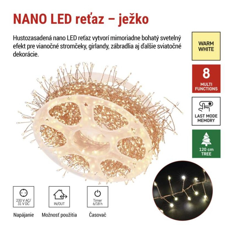 LED nano reťaz na cievke, medená, 9,6 m, teplá biela, časovač 1