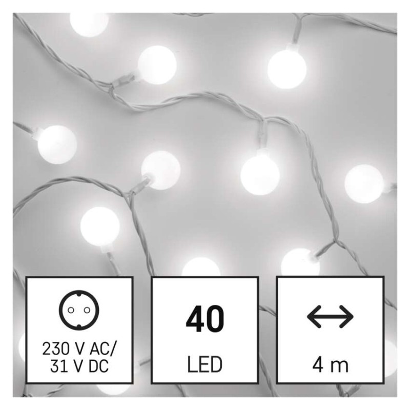 LED svet. cherry reťaz – guličky 2,5cm, 4 m, vonkajšia aj vnútorná, studená biela, časovač 1