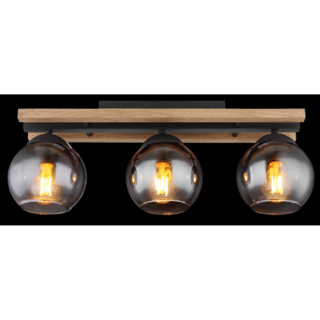 Stropné svietidlo, čierny matný kov, tmavohnedé drevo, sklo dymovej farby, DxŠxV: 600x150x205mm, bez 15