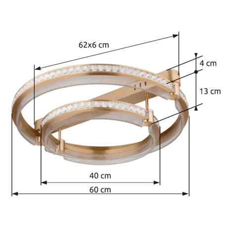 Stropné svietidlo, kov zlatej farby, hliník zlatej farby brúsený, krištále K5 číre, akryl číry, stmi 14