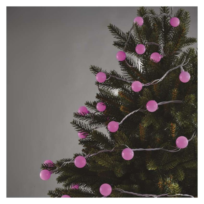LED svetelná cherry reťaz – guličky 2,5 cm, 4 m, vonkajšia aj vnútorná, ružová, časovač 3