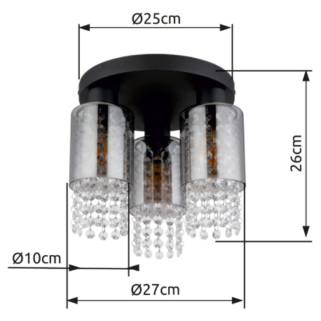 Stropné svietidlo kov čierny matný, sklo dymové, sklenené kryštály číre, ø: 280mm, V: 260mm, bez žia 6