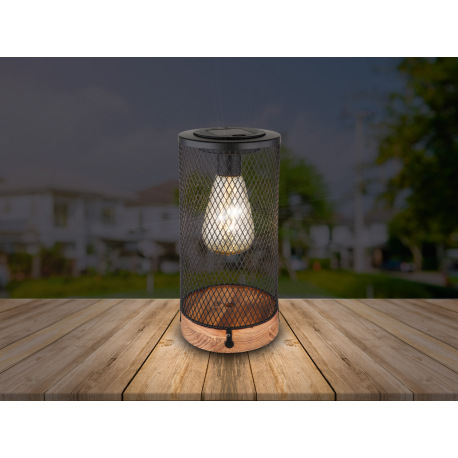 Solárne svietidlo, drevo, plast čierny, kovové opletenie čierne, plast priehľadný, vypínač, akumulát 6