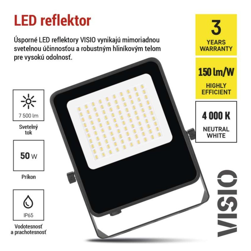 LED reflektor VISIO čierny, 50 W neutrálna biela 7