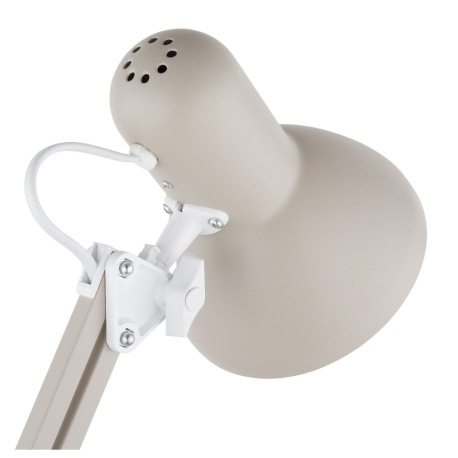Stolová lampa, kov pieskovej farby, biely PVC kábel, kolískový vypínač na kábli, nastaviteľná, DxŠxV 13