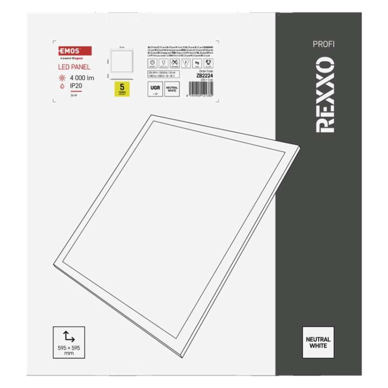 LED panel REXXO backlit 60×60, štvorcový vstavaný biely, 36W neutr.b. UGR 6