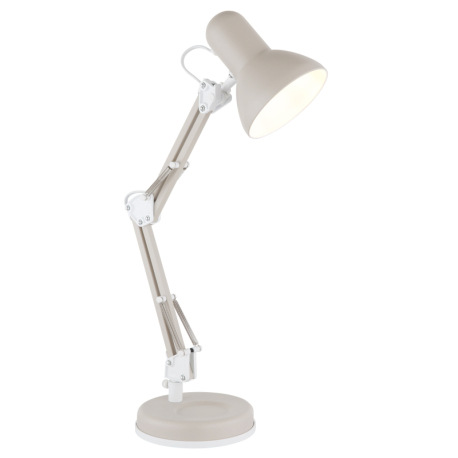 Stolová lampa, kov pieskovej farby, biely PVC kábel, kolískový vypínač na kábli, nastaviteľná, DxŠxV 1