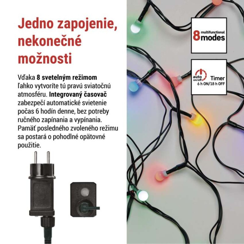 LED vianočná cherry reťaz – guličky, 48 m, vonk. aj vnútor., multicolor, programy, časovač 2