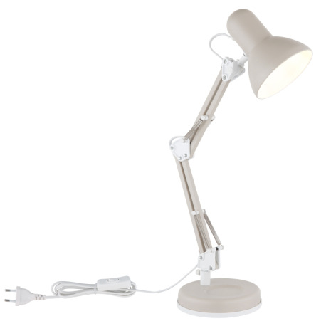 Stolová lampa, kov pieskovej farby, biely PVC kábel, kolískový vypínač na kábli, nastaviteľná, DxŠxV 14