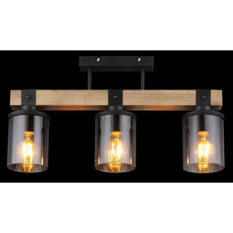 Stropné svietidlo kov čierny matný, drevo tmavohnedé, sklo dymové, kábel PVC čierny, DxŠxV: 520x100x 15
