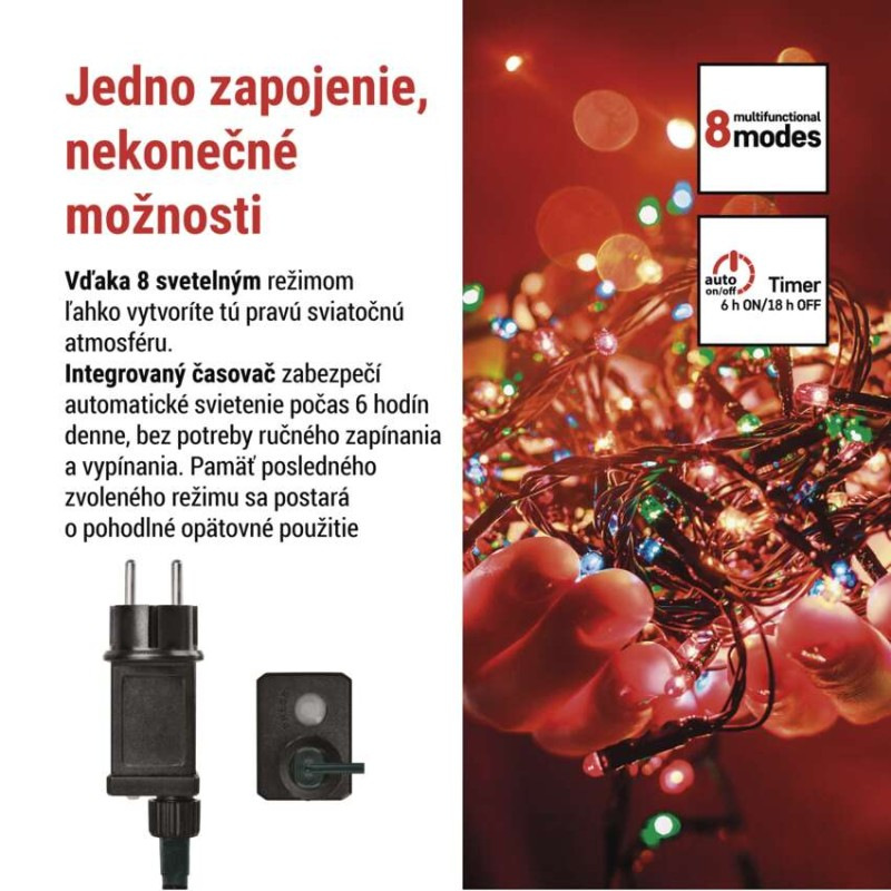 LED vianočná reťaz, 50 m, vonkajšia aj vnútorná, multicolor, programy, časovač 2